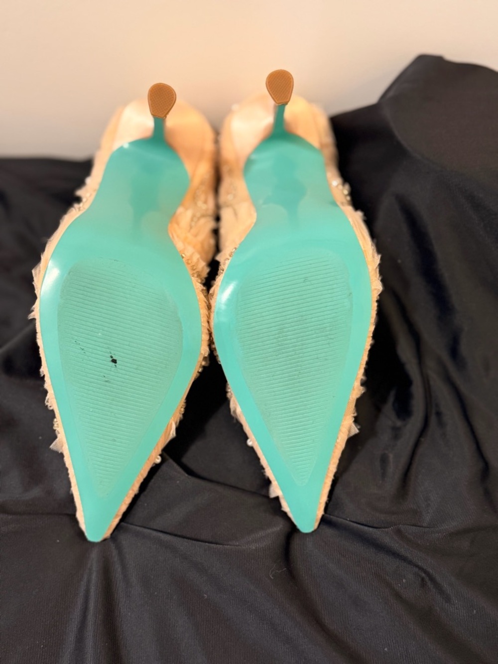 Betsey Johnson Nude Beaded Tulle Pointed Pump with Teal Heel - Picture 8 of 11